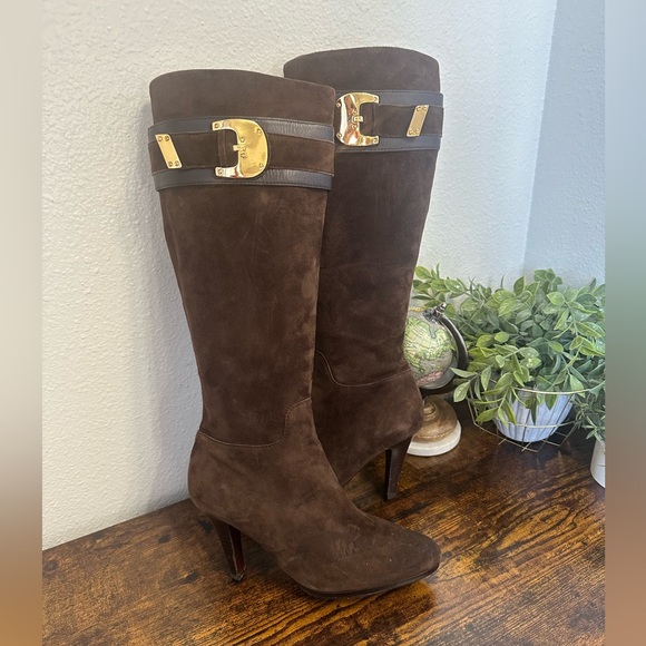 Cole Haan Shoes - Cole Haan Dark Brown Suede Knee-High Heeled Boots with Gold Buckle